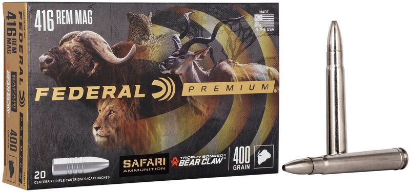Safari Trophy Bonded Bear Claw, 416 Rem Magnum, 400 Grain, Trophy Bonded Bear Claw, 2400 fps 416 Rem Magnum Caliber Ammo - 20 Rounds of 400 Grain Weight Ammunition (P416RT1)
