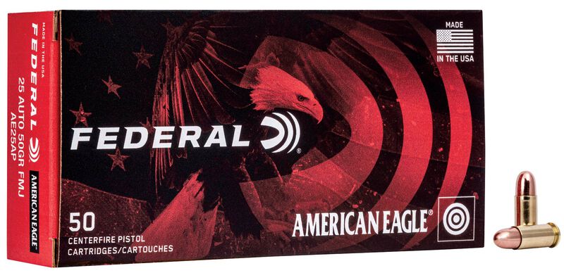 American Eagle Handgun, 25 Auto, 50 Grain, Full Metal Jacket, 760 fps 25 Auto Caliber Ammo - 50 Rounds of 50 Grain Weight Ammunition (AE25AP)