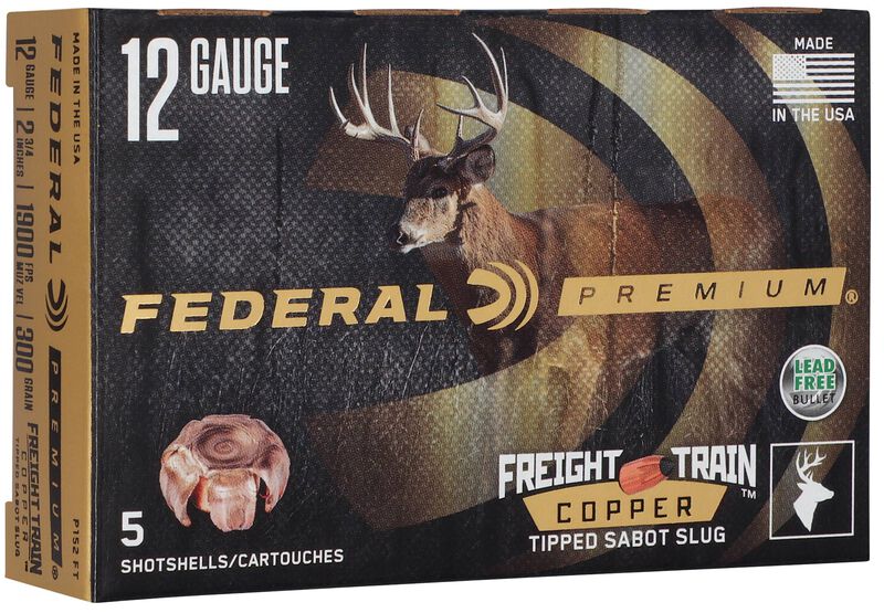 Freight Train Copper Sabot Slug, 12 Gauge, 300 Grain, 2-3/4 in, 1900 fps 12 Gauge Ammo - 5 Shells of 300 Grain Weight Ammunition (P152 FT)