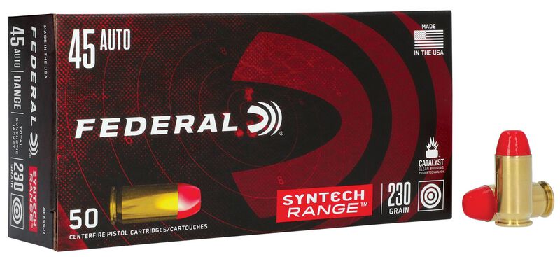 Syntech Range, 45 Auto, 230 Grain, Syntech Jacket Flat Nose, 830 fps 45 Auto Caliber Ammo - 50 Rounds of 230 Grain Weight Ammunition (AE45SJ1)