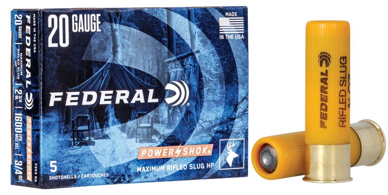 Power-Shok Rifled Slug, 20 Gauge, 328 Grain, 2-3/4 in, 1600 fps 20 Gauge Ammo - 5 Shells of 328 Grain Weight Ammunition (F203 RS)