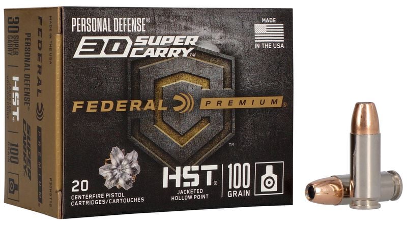 Personal Defense HST, 30 Super Carry, 100 Grain, HST Jacketed Hollow Point, 1250 fps 30 Super Carry Caliber Ammo - 20 Rounds of 100 Grain Weight Ammunition (P30HST1S)