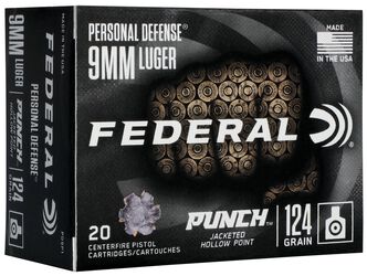Personal Defense Punch, 9mm Luger, 124 Grain, Jacketed Hollow Point, 1150 fps
