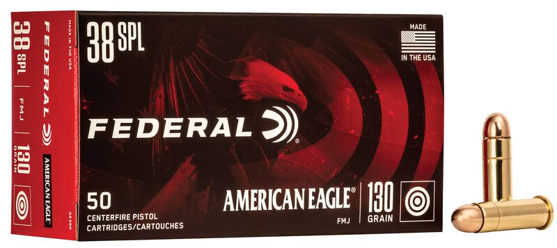 American Eagle Handgun, 38 Special, 130 Grain, Full Metal Jacket, 890 fps 38 Special Caliber Ammo - 50 Rounds of 130 Grain Weight Ammunition (AE38K)