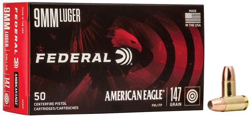 American Eagle Handgun, 9mm Luger, 147 Grain, Full Metal Jacket, 1000 fps 9mm Luger Caliber Ammo - 50 Rounds of 147 Grain Weight Ammunition (AE9FP)