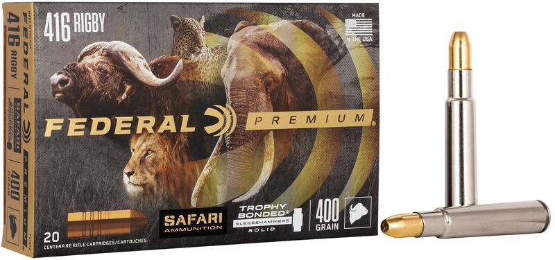 Safari Trophy Bonded Sledgehammer Solid, 416 Rigby, 400 Grain, Trophy Bonded Sledgehammer Solid, 2370 fps 416 Rigby Caliber Ammo - 20 Rounds of 400 Grain Weight Ammunition (P416T2)