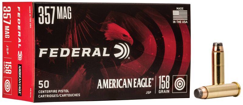 American Eagle Handgun, 357 Magnum, 158 Grain, Jacketed Soft Point, 1240 fps 357 Magnum Caliber Ammo - 50 Rounds of 158 Grain Weight Ammunition (AE357A)