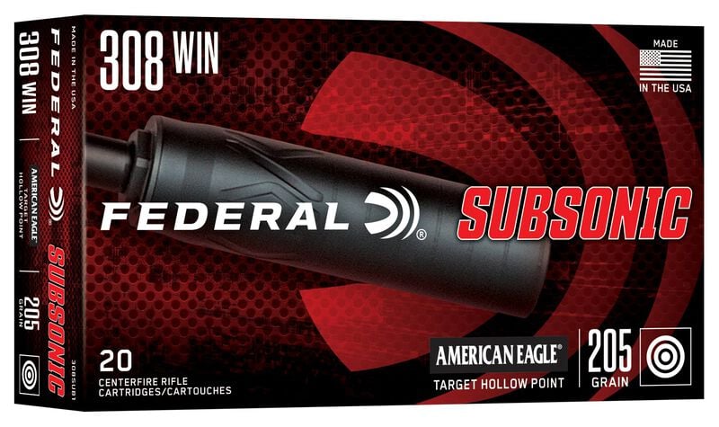 Federal Subsonic, 308 Win., 205 Grain, Target Hollow Point, 1000 fps 308 Win. Caliber Ammo - 20 Rounds of 205 Grain Weight Ammunition (308SUB1)
