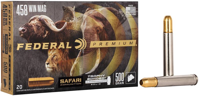 Safari Trophy Bonded Sledgehammer Solid, 458 Win Magnum, 500 Grain, Trophy Bonded Sledgehammer Solid, 1950 fps 458 Win Magnum Caliber Ammo - 20 Rounds of 500 Grain Weight Ammunition (P458T3)