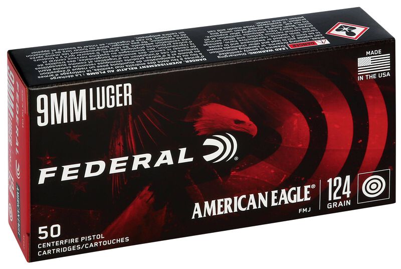 American Eagle Handgun, 9mm Luger, 124 Grain, Full Metal Jacket, 1150 fps