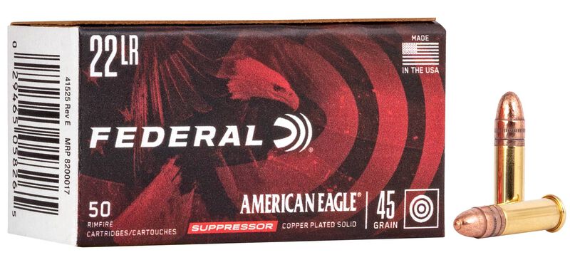 American Eagle Rimfire Suppressor, 22 LR, 45 Grain, CPRN, 970 fps 22 LR Caliber Ammo - 50 Rounds of 45 Grain Weight Ammunition (AE22SUP1)