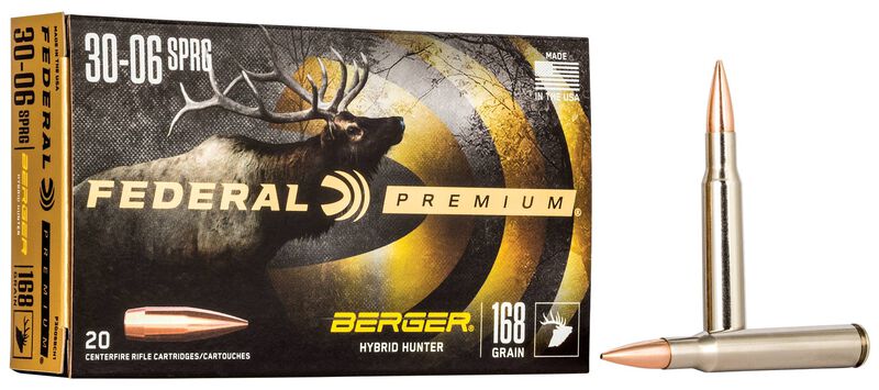 Berger Hybrid Hunter, 30-06 Springfield, 168 Grain, Berger Hybrid, 2800 fps 30-06 Springfield Caliber Ammo - 20 Rounds of 168 Grain Weight Ammunition (P3006BCH1)