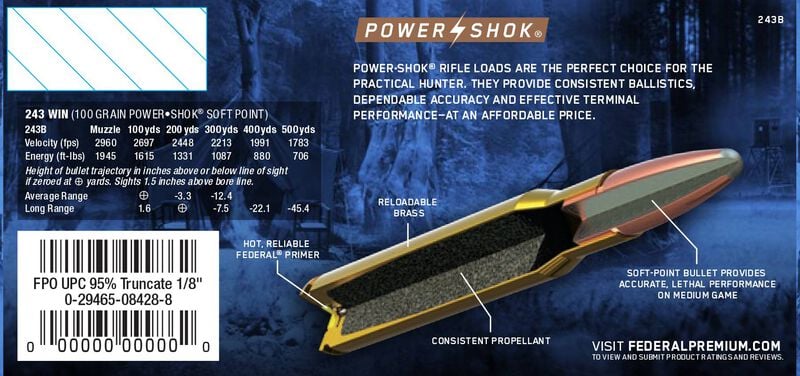 Power-Shok Rifle, 243 Win, 100 Grain, Jacketed Soft Point, 2960 fps