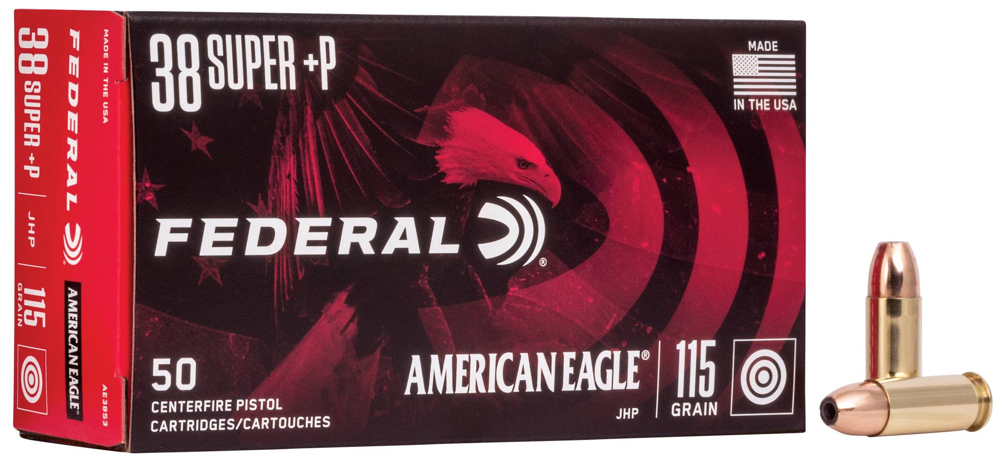 American Eagle Handgun, 38 Super +P, 115 Grain, Jacketed Hollow Point, 1130 fps by Federal Premium -