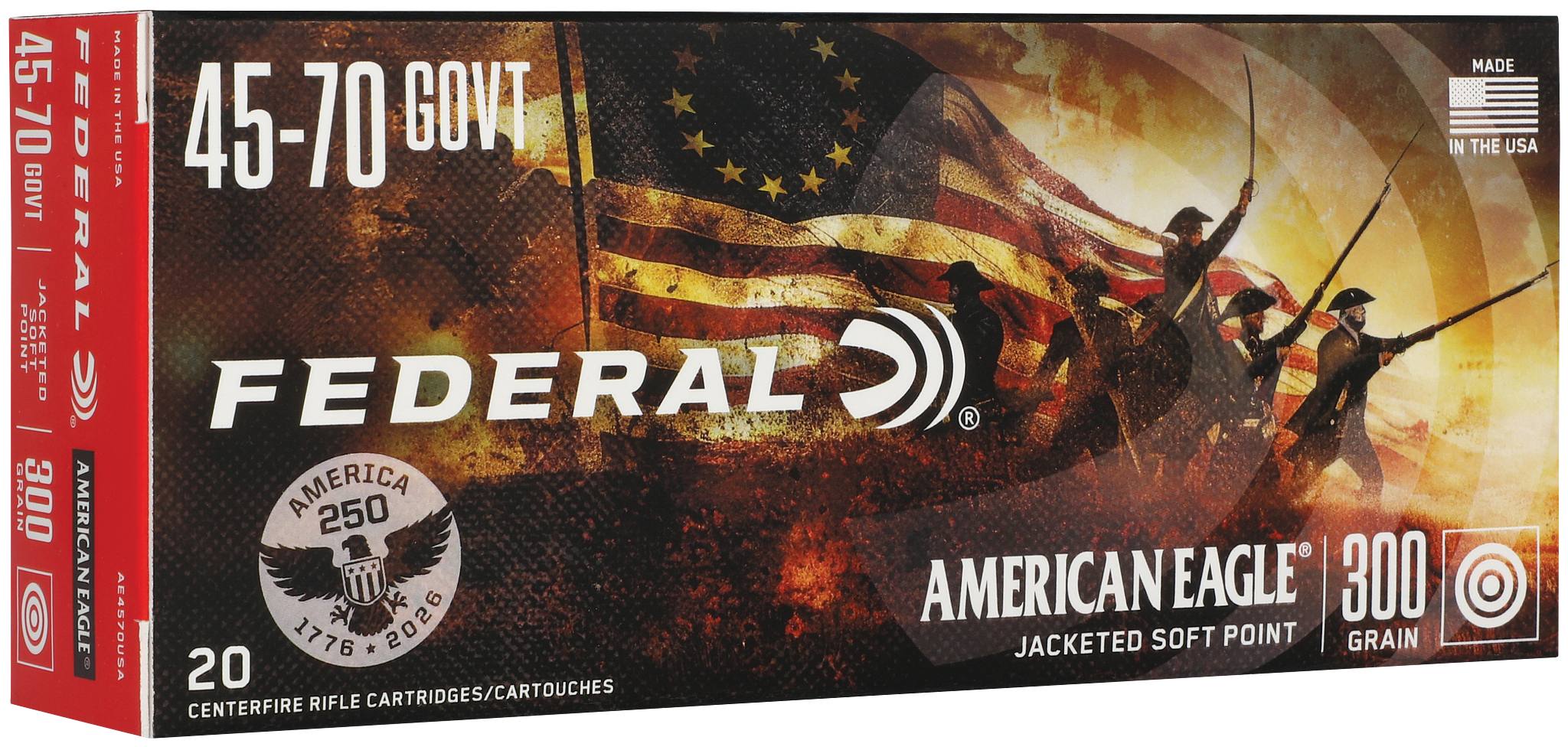 Federal Premium 250th Anniversary USA Rifle, 45-70 Government, 300 Grain, Jacketed Soft Point, 1850 fps