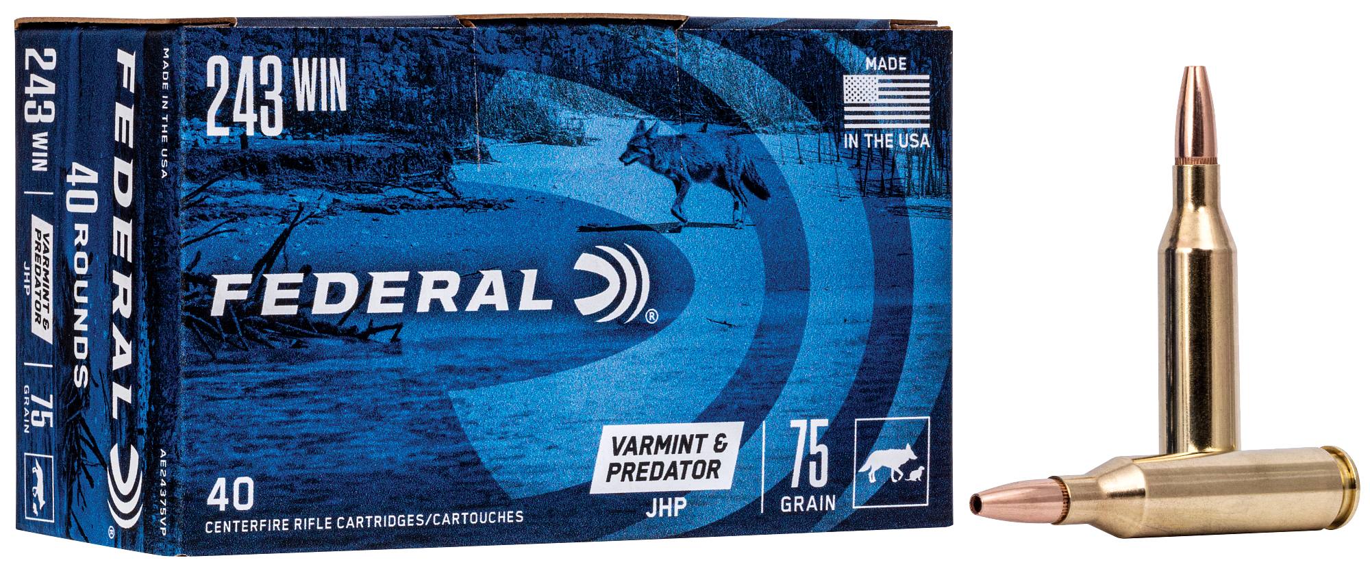 Federal Premium Varmint & Predator, 243 Win, 75 Grain, Jacketed Hollow Point, 3375 fps - $82.99 at Federal Premium