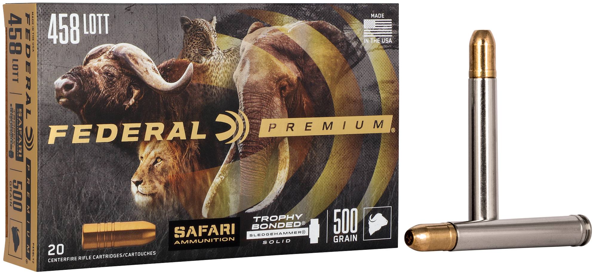 Federal Premium Safari Trophy Bonded Sledgehammer Solid, 458 Lott, 500 Grain, Trophy Bonded Sledgehammer Solid, 2300 fps - $303.99 at Federal Premium