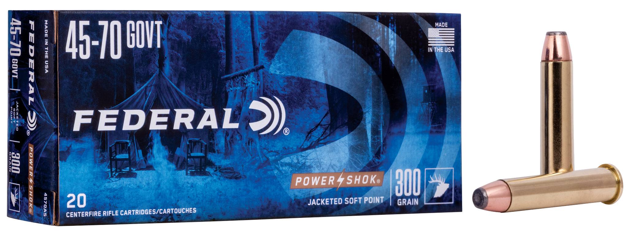 Power-Shok Rifle, 45-70 Government, 300 Grain, Jacketed Soft Point, 1850 fps by Federal Premium -