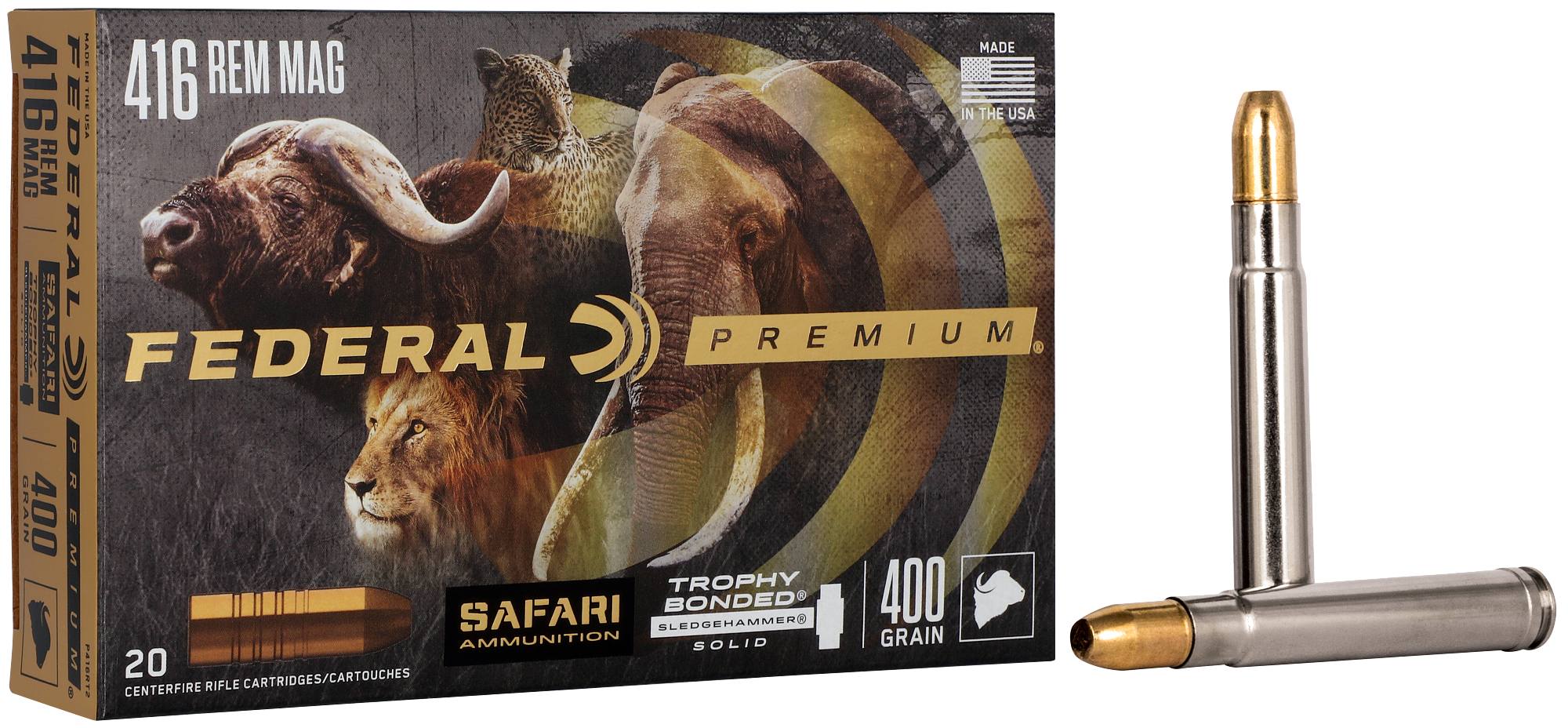 Safari Trophy Bonded Sledgehammer Solid, 416 Rem Magnum, 400 Grain, Trophy Bonded Sledgehammer Solid, 2400 fps by Federal Premium -